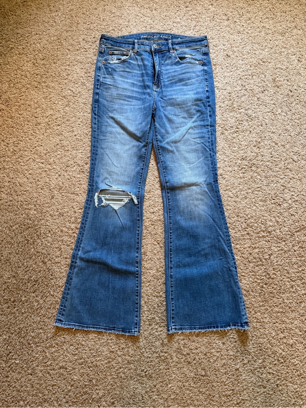 American Eagle Outfitters Blue Distressed Flare Jeans with Knee Rip
